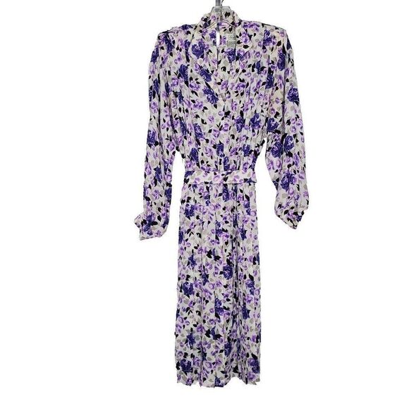 Vintage Leslie Fay Floral Blouson Pleated Dress 12 Petite Purple Secretary Belt - Picture 1 of 8